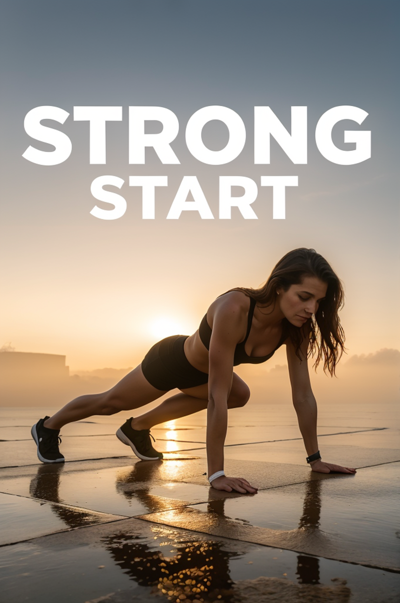 Fit woman stretching outdoors at sunrise with text STRONG START